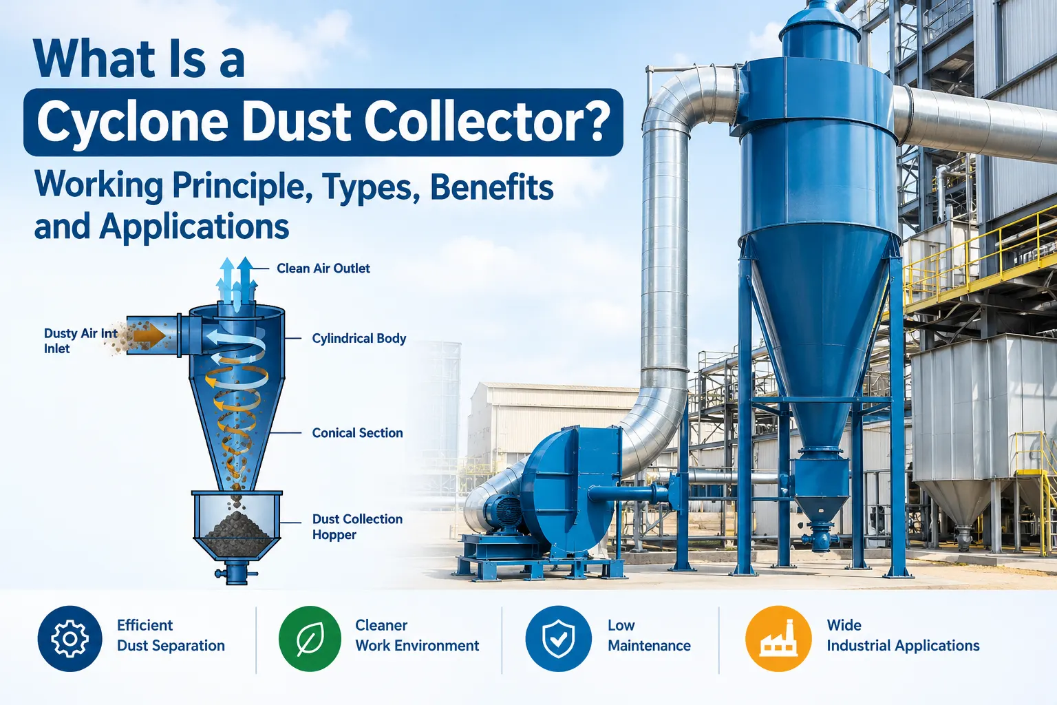 Read more about the article What Is a Cyclone Dust Collector? Working Principle, Types, Benefits and Applications